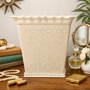 Vintage Max Klein Embossed Floral Wastebasket MCM Ruffle Rim Cream Plastic